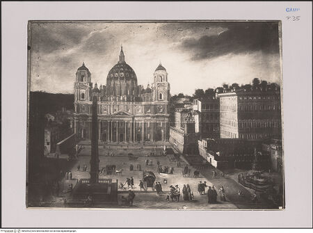 Vorderseite von unbekannt [https://www.deutsche-digitale-bibliothek.de/content/lizenzen/rv-fz/] Der Petersplatz mit Basilika und dem Apostolischen Palast - Gesamtansicht; R.s: Hs. Verweis v. Schmidt auf Blätter für Gemäldekunde II 1906, S. 61 & 95., bh592903_recto. Foto.
