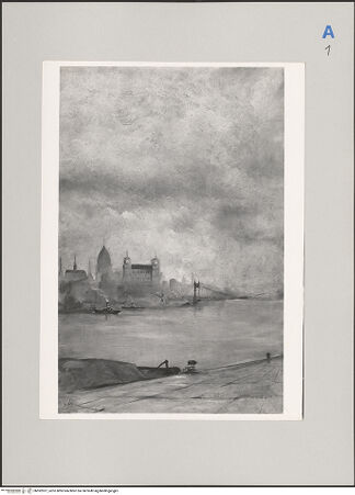 Vorderseite von Vasari [https://www.deutsche-digitale-bibliothek.de/content/lizenzen/rv-ez/] Flussufer einer Stadt mit Stahlhängebrücke, Kuppel und Industrieanlagen (London?) - , bh592927_recto. Foto.