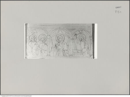 Vorderseite von Städelsches Kunstinstitut und Städtische Galerie [https://www.deutsche-digitale-bibliothek.de/content/lizenzen/rv-ez/] Sammlung von Umrissen und Durchzeichnungen, dienend zur Geschichte der bildenden Künste des Mittelalters in Italien, gezeichnet von J.A. Ramboux aus Trier in den Jahren 1818 bis 1822 und den Jahren 1833 bis 1843Zeichnungsband 3Zeichnung 121: Drei flache Kleeblattbögen mit Maria und Joseph, Maria und Joseph bei der Arbeit als Halbfiguren - , bh594755_recto. Foto.