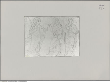 Vorderseite von Städelsches Kunstinstitut und Städtische Galerie [https://www.deutsche-digitale-bibliothek.de/content/lizenzen/rv-ez/] Sammlung von Umrissen und Durchzeichnungen, dienend zur Geschichte der bildenden Künste des Mittelalters in Italien, gezeichnet von J.A. Ramboux aus Trier in den Jahren 1818 bis 1822 und den Jahren 1833 bis 1843Zeichnungsband 3Zeichnung 148: Drei Apostel (Paulus, Petrus, Johannes) - , bh594769_recto. Foto.