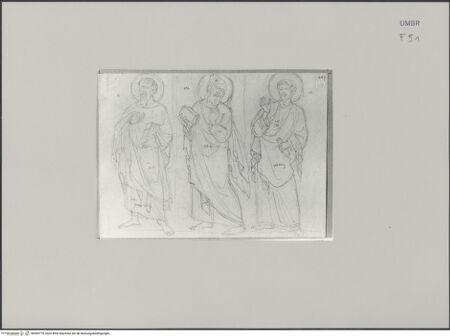 Vorderseite von Städelsches Kunstinstitut und Städtische Galerie [https://www.deutsche-digitale-bibliothek.de/content/lizenzen/rv-ez/] Sammlung von Umrissen und Durchzeichnungen, dienend zur Geschichte der bildenden Künste des Mittelalters in Italien, gezeichnet von J.A. Ramboux aus Trier in den Jahren 1818 bis 1822 und den Jahren 1833 bis 1843Zeichnungsband 3Zeichnung 149: Drei Apostel - , bh594770_recto. Foto.