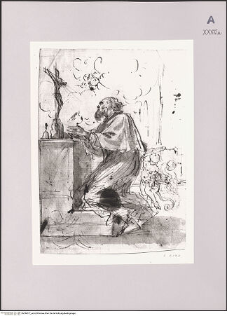 Vorderseite von Rheinisches Bildarchiv Köln [https://www.deutsche-digitale-bibliothek.de/content/lizenzen/rv-ez/] Ein Heiliger betet vor einem Altar mit Kreuz - , bh594872_recto. Foto.