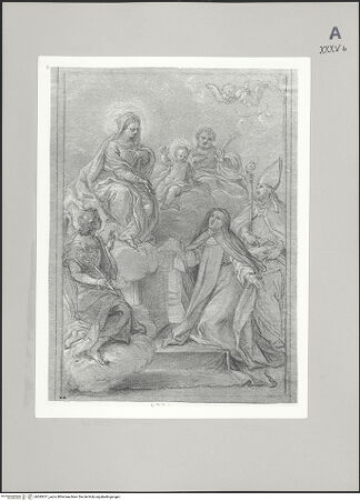 Vorderseite von Martin von Wagner Museum der Universität [https://www.deutsche-digitale-bibliothek.de/content/lizenzen/rv-ez/] Einer Domenikanerin und einem Bischof erscheint die Heilige Familie in Begleitung eines Engels - , bh595017_recto. Foto.