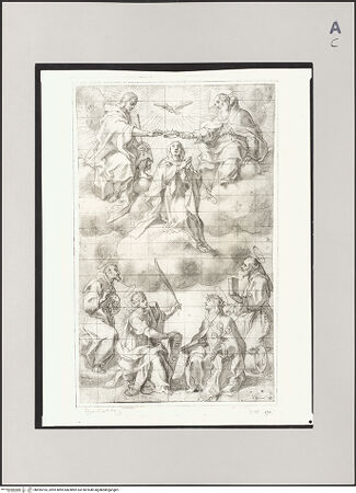 Vorderseite von Statens Konstmuseer [https://www.deutsche-digitale-bibliothek.de/content/lizenzen/rv-ez/] Marienkrönung mit den Heiligen Franziskus, Bernardus von Siena, Katherina von Siena und Katherina von Alexandria - , bh595165_recto. Foto.