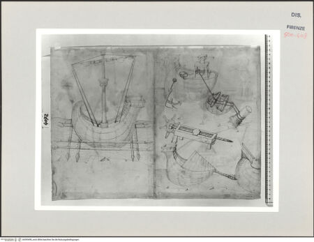 Vorderseite von Centro Studi Antonio Sangallo il Giovane, Montefiascone [https://www.deutsche-digitale-bibliothek.de/content/lizenzen/rv-ez/] Vorrichtungen, um feindliche Schiffe zu versenken - , bh595498_recto. Foto.