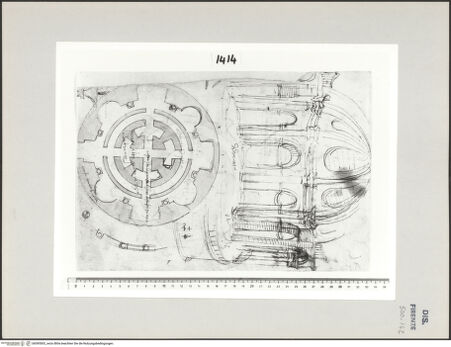 Vorderseite von Centro Studi Antonio Sangallo il Giovane, Montefiascone [https://www.deutsche-digitale-bibliothek.de/content/lizenzen/rv-ez/] Ostia, Tempel des Portunus, Grundriss und Schnitt - , bh595503_recto. Foto.
