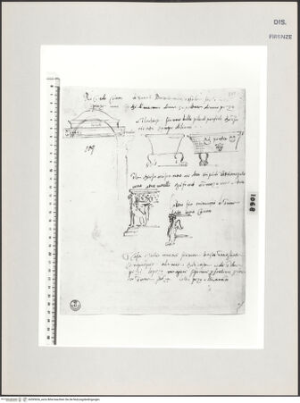 Vorderseite von Centro Studi Antonio Sangallo il Giovane, Montefiascone [https://www.deutsche-digitale-bibliothek.de/content/lizenzen/rv-ez/] Rom, San Bartolomeo all'Isola, Aufriss der Marmorbedeckung eines Brunnens auf der Piazza, antike Porphyrwanne unterhalb der Hochaltarmensa; San Giovanni Calibita, zwei Tripodien mit Greifen - , bh595636_recto. Foto.