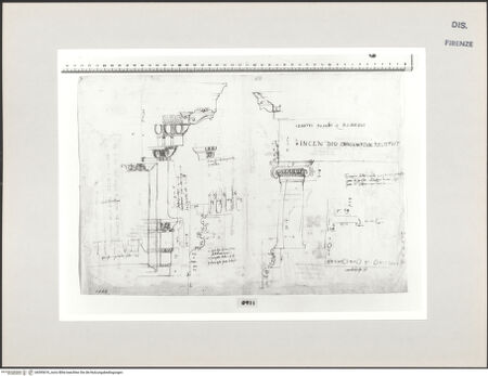 Vorderseite von Centro Studi Antonio Sangallo il Giovane, Montefiascone [https://www.deutsche-digitale-bibliothek.de/content/lizenzen/rv-ez/] Rom, Forum Romanum, Tempel des Vespasian, Aufriss des Architravs im Profil, Basis einer kanellierten Säule; Tempel des Saturn, Aufriss des Architravs und einer Säule, Grundriss - , bh595676_recto. Foto.