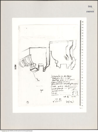Vorderseite von Centro Studi Antonio Sangallo il Giovane, Montefiascone [https://www.deutsche-digitale-bibliothek.de/content/lizenzen/rv-ez/] Rom, Palazzo Sangallo, Gebälkstudien - , bh595699_recto. Foto.