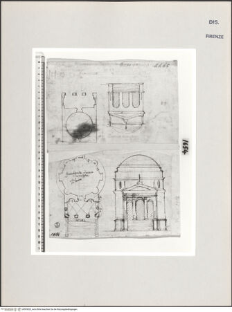 Vorderseite von Centro Studi Antonio Sangallo il Giovane, Montefiascone [https://www.deutsche-digitale-bibliothek.de/content/lizenzen/rv-ez/] Rom, Via Prenestina, Grabmal Tor de' Schiavi, Grundriss und Rekonstruktion - links U 3974A v mit Darstellung des Grabmals Le Cappellette, bh595820_recto. Foto.