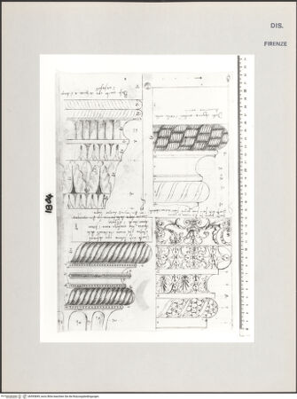 Vorderseite von Centro Studi Antonio Sangallo il Giovane, Montefiascone [https://www.deutsche-digitale-bibliothek.de/content/lizenzen/rv-ez/] Rom, Aufriss von vier ornamentierten Basen - , bh595849_recto. Foto.