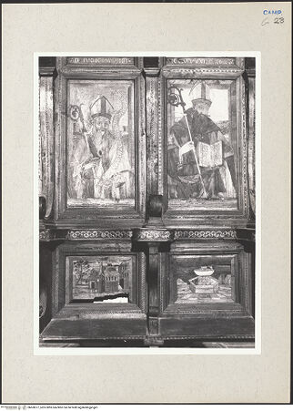 Vorderseite von Hutzel, Max [https://www.deutsche-digitale-bibliothek.de/content/lizenzen/rv-ez/] Coro dei Conversi (Laienchor)Sedilien mit Heiligen und EremitenBildfeld 7 und 8: Zwei heilige Bischöfe; Brunnen; Stadtansicht - Gesamtansicht, bh600377_recto. Foto: Hutzel, Max.