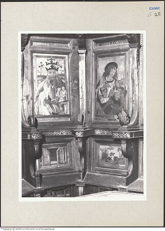 Vorderseite von Hutzel, Max [https://www.deutsche-digitale-bibliothek.de/content/lizenzen/rv-ez/] Coro dei Conversi (Laienchor)Sedilien mit Heiligen und EremitenBildfeld 3 und 4: Johannes der Evangelist, Heiliger Clemens von Rom; Landschaft; Stilleben - Gesamtansicht, bh600381_recto. Foto: Hutzel, Max.