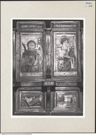 Vorderseite von Hutzel, Max [https://www.deutsche-digitale-bibliothek.de/content/lizenzen/rv-ez/] Coro dei Conversi (Laienchor)Sedilien mit Heiligen und EremitenBildfeld 9 und 10: Heiliger Mönch, Heilige Katharina von Alexandria; Stilleben; Stadtansicht - Gesamtansicht, bh600384_recto. Foto: Hutzel, Max.