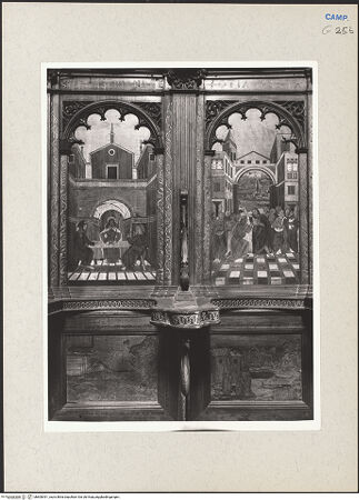 Vorderseite von Hutzel, Max [https://www.deutsche-digitale-bibliothek.de/content/lizenzen/rv-ez/] Coro dei Padri (Chor der Mönche)Dorsale mit neutestamentlichen SzenenBildfeld 15 und 16: Emmausmahl und Thomas berührt die Seitenwunde Christi; Szenen aus der Geschichte des Kartäuserordens - Gesamtansicht, bh600391_recto. Foto: Hutzel, Max.