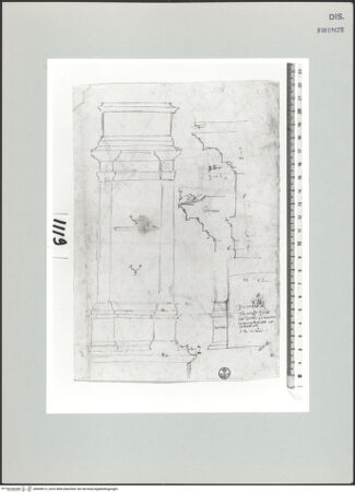 Vorderseite von Centro Studi Antonio Sangallo il Giovane, Montefiascone [https://www.deutsche-digitale-bibliothek.de/content/lizenzen/rv-ez/] Ancona, Trajansbogen, Seitenansicht und Studie zum Gebälk - , bh600613_recto. Foto.