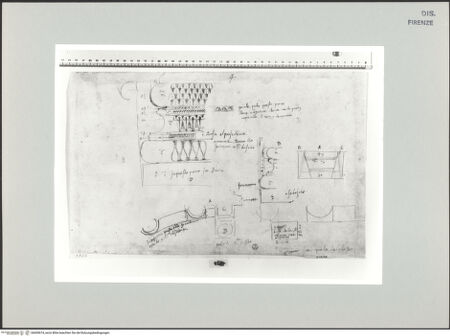 Vorderseite von Centro Studi Antonio Sangallo il Giovane, Montefiascone [https://www.deutsche-digitale-bibliothek.de/content/lizenzen/rv-ez/] Grundriss der nordwestlichen Exedra des Forum Augustum mit architektonischen Ricordi: Aufriss und Profil einer ornamentierten Basis; Details - , bh600674_recto. Foto.