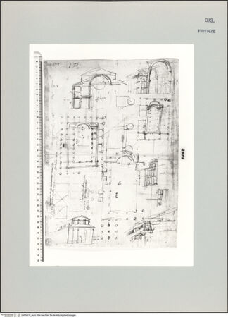 Vorderseite von Centro Studi Antonio Sangallo il Giovane, Montefiascone [https://www.deutsche-digitale-bibliothek.de/content/lizenzen/rv-ez/] Studien und Anmerkungen aus De Architectura von Vitruv (Grundrisse verschiedener Tempeltypen und ionisches Gebälk) - , bh600676_recto. Foto.