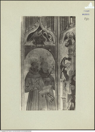 Vorderseite von Sopr. BAS NA [https://www.deutsche-digitale-bibliothek.de/content/lizenzen/rv-ez/] Madonna zwischen den heiligen Franziskus, Antonius von Padua, Bernardinus und Ludwig von Toulouse - Detail: Franziskus und Antonius, bh600737_recto. Foto.