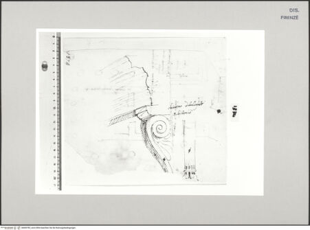 Vorderseite von Centro Studi Antonio Sangallo il Giovane, Montefiascone [https://www.deutsche-digitale-bibliothek.de/content/lizenzen/rv-ez/] Axonometrische Ansicht und Schnitt des Gebälks eines Kaminentwurfs von Baldassarre Peruzzi für einen Apostolischen Datar - , bh600783_recto. Foto.