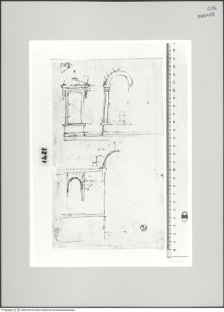 Vorderseite von Centro Studi Antonio Sangallo il Giovane, Montefiascone [https://www.deutsche-digitale-bibliothek.de/content/lizenzen/rv-ez/] Teilaufriss der Fassade eines Palazzo (Sangallos Haus in der Via Giulia?) - , bh600788_recto. Foto.