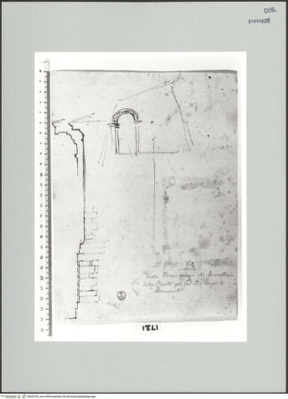 Vorderseite von Centro Studi Antonio Sangallo il Giovane, Montefiascone [https://www.deutsche-digitale-bibliothek.de/content/lizenzen/rv-ez/] Entwurf für ein turmartiges Gebäude (den Mastio des Forte Sangallo von Civita Castellana?) - , bh600796_recto. Foto.