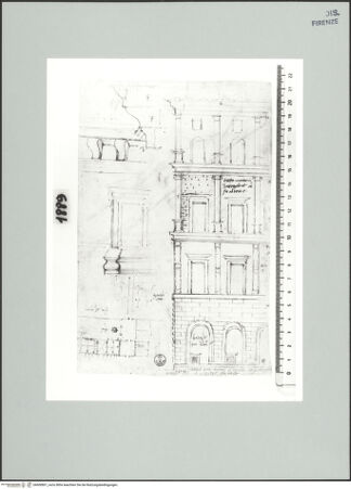 Vorderseite von Centro Studi Antonio Sangallo il Giovane, Montefiascone [https://www.deutsche-digitale-bibliothek.de/content/lizenzen/rv-ez/] Rom, Via del Governo Vecchio, Teilaufriss des Palazzo Turci; Monterosi, Palazzo Abbaziale, Grundriss und architektonische Details - , bh600801_recto. Foto.
