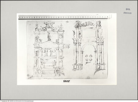 Vorderseite von Centro Studi Antonio Sangallo il Giovane, Montefiascone [https://www.deutsche-digitale-bibliothek.de/content/lizenzen/rv-ez/] Entwurf für ein monumentales Wandgrab eines Bischofs und einen Triumphbogen - , bh600803_recto. Foto.