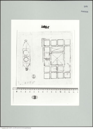 Vorderseite von Centro Studi Antonio Sangallo il Giovane, Montefiascone [https://www.deutsche-digitale-bibliothek.de/content/lizenzen/rv-ez/] Entwurfsskizze einer Kassettendecke und eines Messinstrumentes oder Hebelvorrichtung - , bh600811_recto. Foto.