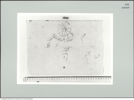 Vorderseite von Centro Studi Antonio Sangallo il Giovane, Montefiascone [https://www.deutsche-digitale-bibliothek.de/content/lizenzen/rv-ez/] Rom, 6 Profilskizzen von Tür- oder Fensterrahmungen des Palazzo della Sapienza und die an ein zerbrochenes Rad gebundene Fortuna - , bh600816_recto. Foto.