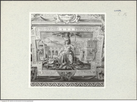 Vorderseite von Getty Research Institute [https://www.deutsche-digitale-bibliothek.de/content/lizenzen/rv-ez/] Deckendekoration mit allegorischen Figuren und PuttiLitterae-Allegorie der Literatur - Gesamtansicht, bh600920_recto. Foto: Hutzel, Max.