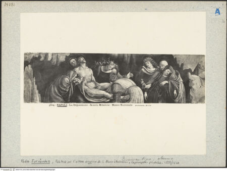 Vorderseite von Alinari [https://www.deutsche-digitale-bibliothek.de/content/lizenzen/rv-ez/] Polyptichon für den Hochaltar der Kirche Santa Maria delle Grazie a CaponapoliGrablegung Christi - Gesamtansicht, bh601516_recto. Foto.