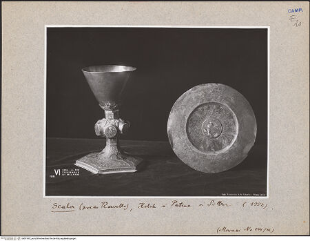 Vorderseite von Crimella, S. A. (Mailand) [https://www.deutsche-digitale-bibliothek.de/content/lizenzen/rv-ez/] Kelch und Patene - Gesamtansicht, bh601687_recto. Foto.