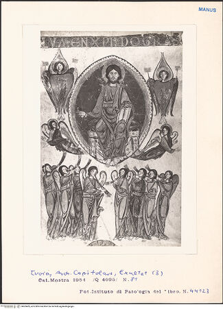 Vorderseite von Alinari [https://www.deutsche-digitale-bibliothek.de/content/lizenzen/rv-ez/] Messale di Domenico della Rovere - Detail einer Seite mit Madonna und Christus in Mandorla zwischen Heiligen, bh603409_recto. Foto.