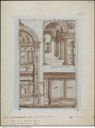 Vorderseite von Staatliche Museen zu Berlin - Preußischer Kulturbesitz? [http://creativecommons.org/publicdomain/mark/1.0/] Vorhalle mit Arkaden und Sockelzone, Wandgrab (Variante nach dem Grabmal des Guglielmo Rocca von A. Bregno (Werkstatt), Rom, S. Maria del Popolo), - , bh603766_recto. Foto.