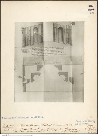 Vorderseite von Bibliotheca Hertziana [http://creativecommons.org/publicdomain/mark/1.0/] Codex Corsinianus (Cod. 168)Teilaufriss und Teilgrundriss des Innenraums - Grundriss und Aufriss, bh604218_recto. Foto.