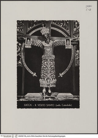 Vorderseite von unbekannt [https://www.deutsche-digitale-bibliothek.de/content/lizenzen/rv-fz/] Der Volto Santo von Lucca - Gesamtansicht mit Gewand, bh606136_recto. Foto.