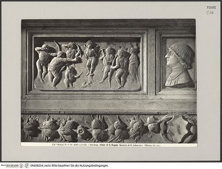 Vorderseite von Alinari [https://www.deutsche-digitale-bibliothek.de/content/lizenzen/rv-fz/] Grabaltar des heiligen Regulus - Detail: Matryrium des heiligen Sebastian, bh606204_recto. Foto.