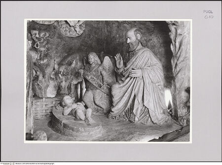 Vorderseite von Gernone ? [https://www.deutsche-digitale-bibliothek.de/content/lizenzen/rv-ez/] Krippe - Detail: Rechte Hälfte mit Josef, Engel, Kind, Ochse und Esel, bh606367_recto. Foto.