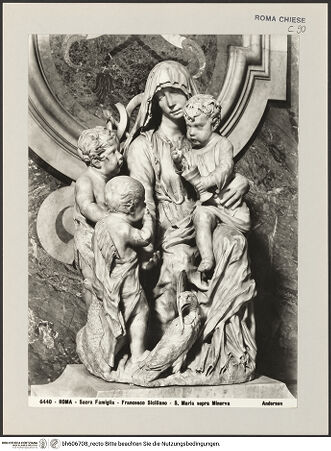 Vorderseite von Alinari [https://www.deutsche-digitale-bibliothek.de/content/lizenzen/rv-ez/] Heilige Familie, darunter Sockel mit Anbetung der KönigeMaria mit Kind und den kleinen Johannes der Täufer und der Evangelist - Gesamtansicht, bh606708_recto. Foto.