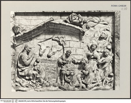 Vorderseite von Alinari [https://www.deutsche-digitale-bibliothek.de/content/lizenzen/rv-ez/] Heilige Familie, darunter Sockel mit Anbetung der KönigeAnbetung der Könige - Gesamtansicht, bh606709_recto. Foto.