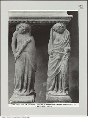 Vorderseite von Alinari [https://www.deutsche-digitale-bibliothek.de/content/lizenzen/rv-ez/] Grabmal des Francesco de'Pazzi - Die zwei rechten, den Sarg tragenden Figuren, bh606757_recto. Foto.