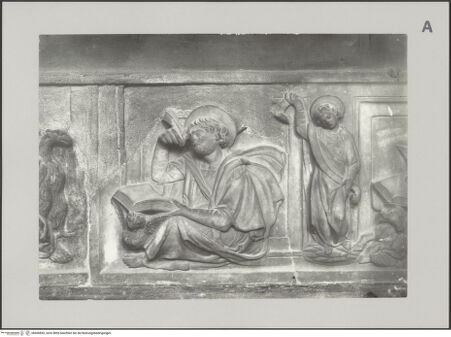 Vorderseite von Sopr. Gall. Firenze [https://www.deutsche-digitale-bibliothek.de/content/lizenzen/rv-ez/] Predella mit Evangelisten und ProphetenEvangelistenfiguren - Markus und Prophet, bh606853_recto. Foto.