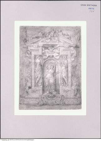 Vorderseite von Sotheby's [https://www.deutsche-digitale-bibliothek.de/content/lizenzen/rv-ez/] Entwurf für eine Zierädikula mit allegorischen Figuren - , bh607020_recto. Foto.