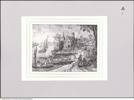 Vorderseite von Sotheby's [https://www.deutsche-digitale-bibliothek.de/content/lizenzen/rv-ez/] Ansicht eines Flussufers, einer Dorfstraße und der Verladung von Schweinen auf ein Boot - , bh607101_recto. Foto.