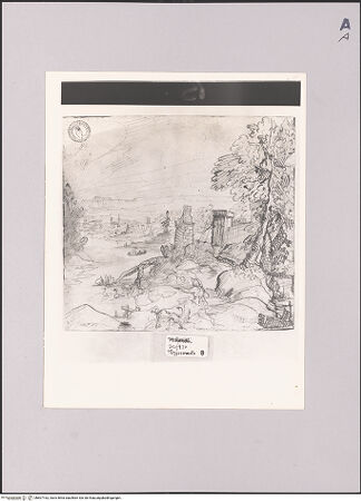 Vorderseite von Sotheby's [https://www.deutsche-digitale-bibliothek.de/content/lizenzen/rv-ez/] Flußlandschaft mit Jäger, Mauerresten und Stadt am Fuße eines Berghanges - , bh607162_recto. Foto.