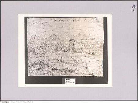 Vorderseite von Sotheby's [https://www.deutsche-digitale-bibliothek.de/content/lizenzen/rv-ez/] Gebirgige Landschaft mit umzäuntem Turm an Flussufer (recto) - , bh607166_recto. Foto.