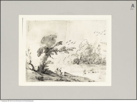 Vorderseite von Sotheby's [https://www.deutsche-digitale-bibliothek.de/content/lizenzen/rv-ez/] Flusslandschaft mit sitzenden Bauern und Kirche an den Ufern - , bh607168_recto. Foto.