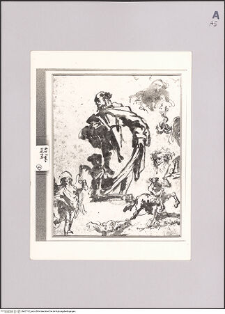 Vorderseite von Sotheby's [https://www.deutsche-digitale-bibliothek.de/content/lizenzen/rv-ez/] Studienblatt mit stehendem Prophet auf Sockel, Engel, Kentaur, Kopf eines alten Mannes und Anker mit Delphin (recto) - , bh607182_recto. Foto.