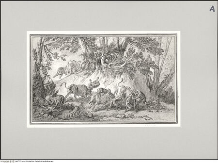 Vorderseite von Staatliche Museen zu Berlin - Preußischer Kulturbesitz [https://www.deutsche-digitale-bibliothek.de/content/lizenzen/rv-ez/] Tiger (und Löwen?) im Kampf mit wilden Stieren - Gesamtansicht, bh607279_recto. Foto: Steinkopf, Walter.